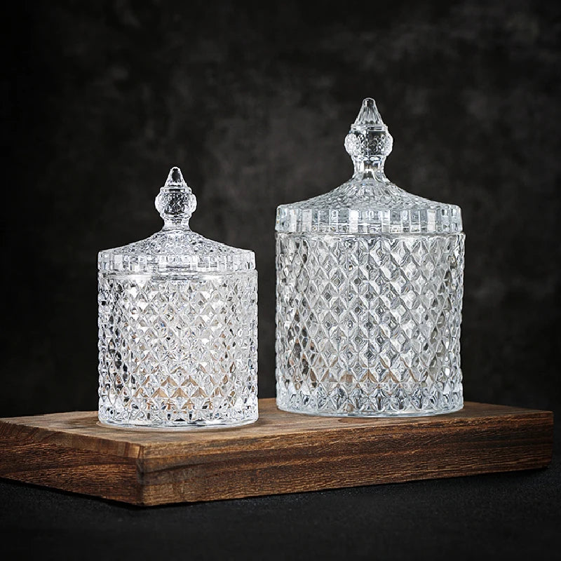 Tarro de Almacenamiento de Vidrio a Rayas de Diamante Europeo, Caja de Dulces, Tarro de Cristal con Tapa, Candelabro de Aromaterapia, Contenedor de Alimentos
