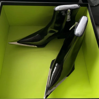 Botas Cortas de Tacón Alto para Mujer - Botines de Vaquero con Punta de Hierro y Cremallera, Estilo Británico, Martin Grueso