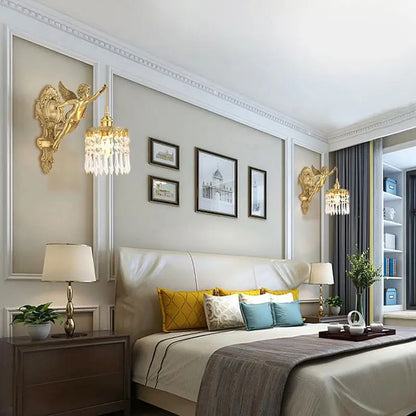 Lámpara de Pared de Cristal con Flor Colgante y Ángel de Cobre de Estilo Vintage Francés, Iluminación de Cabecera de Palacio, Pasillo, Entrada, Porche, Balcón