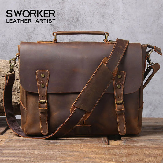 Maletín Vintage de cuero genuino para hombre, bolso de mensajero para ordenador portátil, bolso de cuero de Caballo Loco, estilo informal Retro