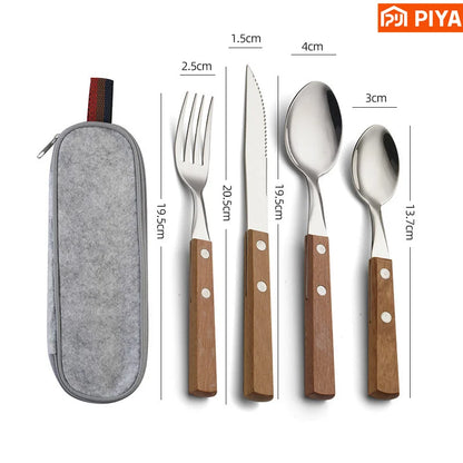 Utensilios de viaje de acero inoxidable con estuche, saludable y ecológico, tamaño completo, tenedor, cuchara, juego de utensilios portátiles con bolsa de almacenamiento