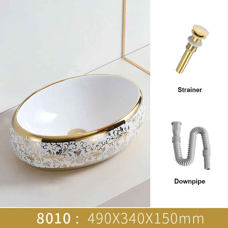 Juego de Lavabos de Cerámica con Diseño de Flores | Lavabo Sobre Encimera en Acabado Dorado para Baño