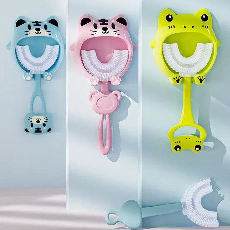 Cepillo de dientes en forma de U para bebé, 360 grados, cepillo de limpieza para el cuidado bucal, de silicona suave, artículos para bebé de 2 a 12 años
