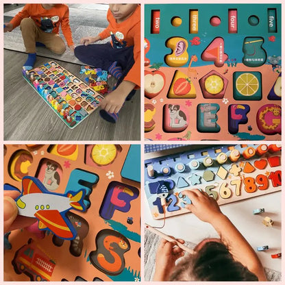Wooden Number Puzzle Sorting Montessori Toys – Educational Shape Sorter & Counting Fishing Game for Toddlers
