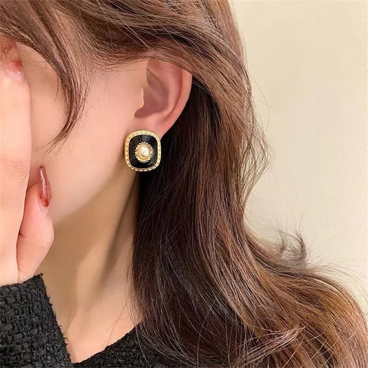 Pendientes Cuadrados de Perlas de Imitación para Mujer, Joyería Geométrica Única, Estilo Retro, Color Negro, Venta al por Mayor