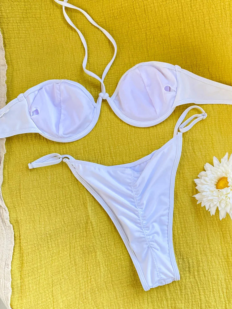 Bikini Push Up de Color Sólido para Mujeres - Traje de Baño Halter Sexy de Dos Piezas con Micro Thong