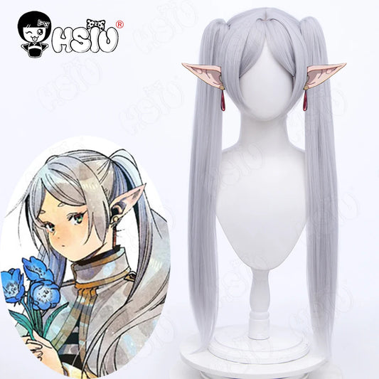 Peluca de fibra sintética de Frieren para cosplay, pelo largo de doble cola de caballo, Anime Sousou no Frieren en el Funeral, HSIU, gris plateado
