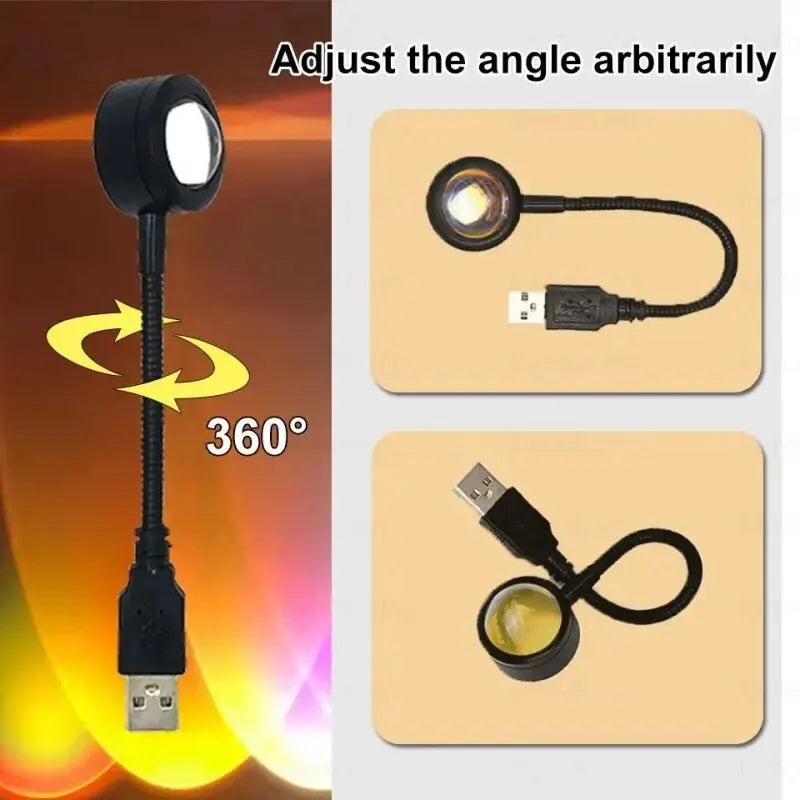 Lámpara LED de Atardecer USB con Efecto Arcoíris, Luz Nocturna para Fotografía Móvil, Iluminación Ambiental para Decoración de Dormitorio
