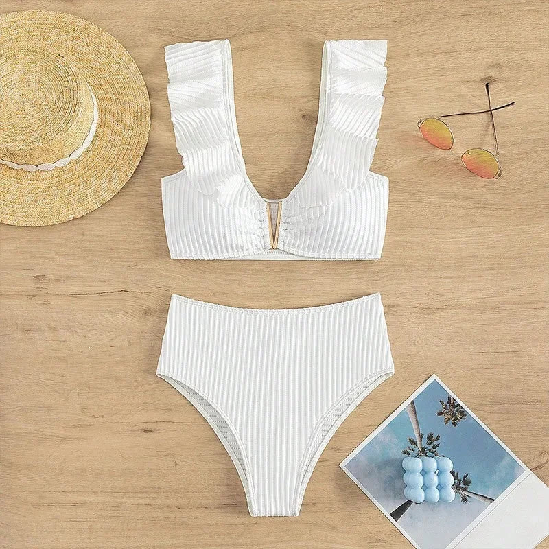 Conjunto de Bikini con Hojas de Loto Sólidas y Divididas para Mujeres – Traje de Baño Sexy con V Profundo para Playa de Primavera Verano