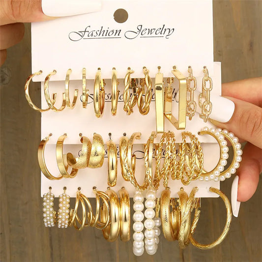 Set de Pendientes Vintage Geométricos de Perlas Color Oro Modyle - Pendientes Dangle con Diseño de Metales Torcidos para Mujeres, Joyas de Fiesta Elegantes