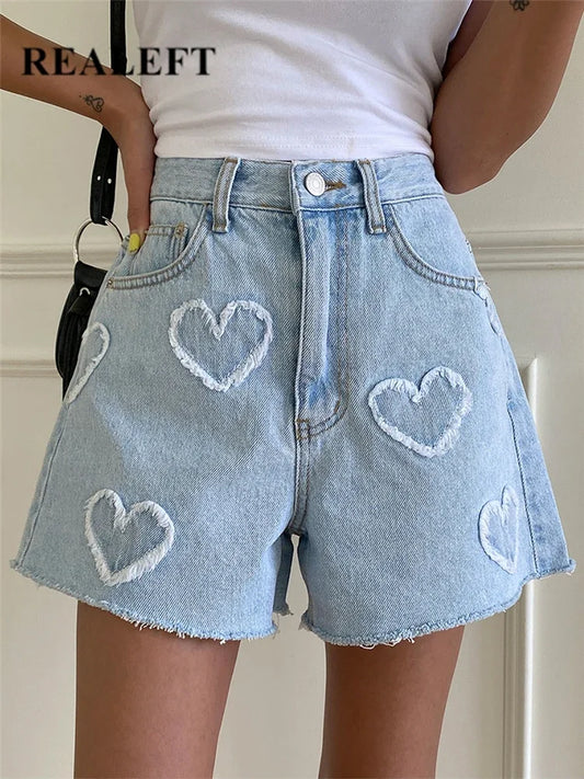 REALEFT-pantalones cortos de mezclilla con estampado de amor para mujer, vaqueros de cintura alta, informales, elegantes, rectos, primavera y verano, 2024