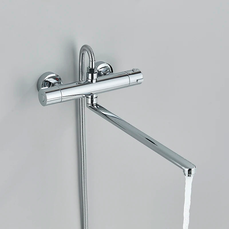 Grifo Termostático de Bañera Senlesen para Baño, Salida Giratoria 360°, Montado en Pared con Mezclador de Ducha y Ducha de Mano ABS