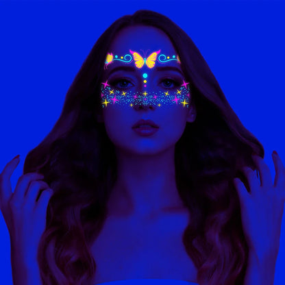 Set de 8 Calcomanías de Mariposa Fluorescentes | Tatuajes de Cara para Fiesta y Club Nocturno | Tatuajes Neón Impermeables para Festival de Música