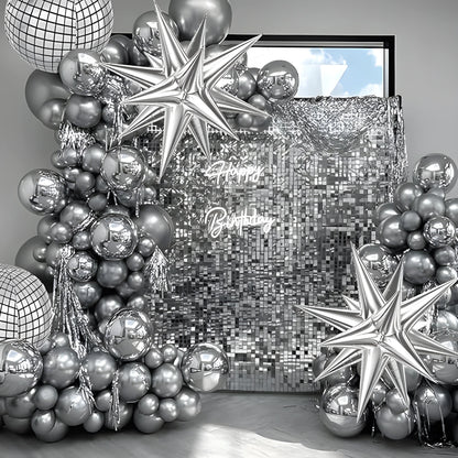 Juego de Anillos de Flores Arqueadas de Globo Plateado de Discoteca - Decoración con Fondo de Borla Metálica para Fiestas de Cumpleaños 2024