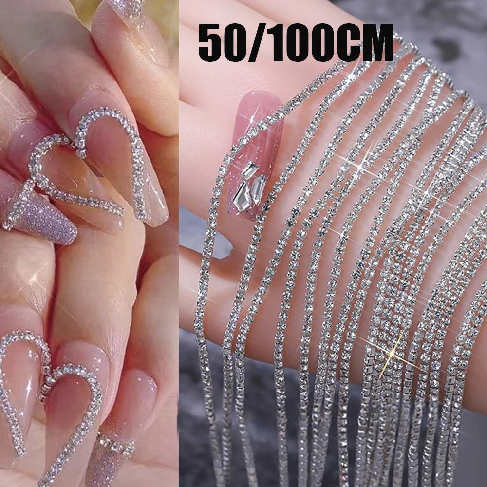 Cadena de Cristal de Lujo para Manicura Francesa - 100/50 cm de Largo, Dijes Brillantes, 1,5/2 mm