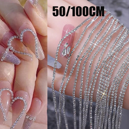 Cadena de Cristal de Lujo para Manicura Francesa - 100/50 cm de Largo, Dijes Brillantes, 1,5/2 mm