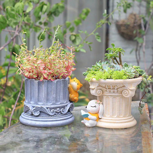 Pilar romano con columnas griegas, maceta de dibujos animados para plantas suculentas, decoración de mesa y jardín
