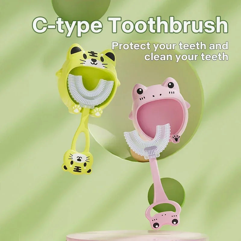 Cepillo de dientes en forma de U para bebé, 360 grados, cepillo de limpieza para el cuidado bucal, de silicona suave, artículos para bebé de 2 a 12 años