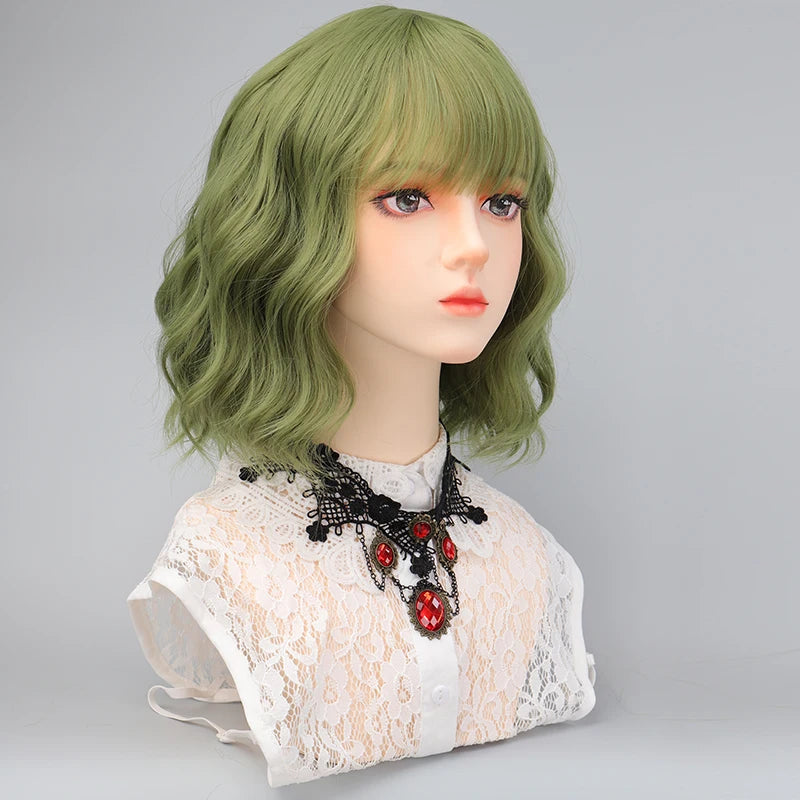 Peluca Sintética Corta con Flequillo para Mujer, Peluquín Verde Natural de Cosplay de Alta Calidad
