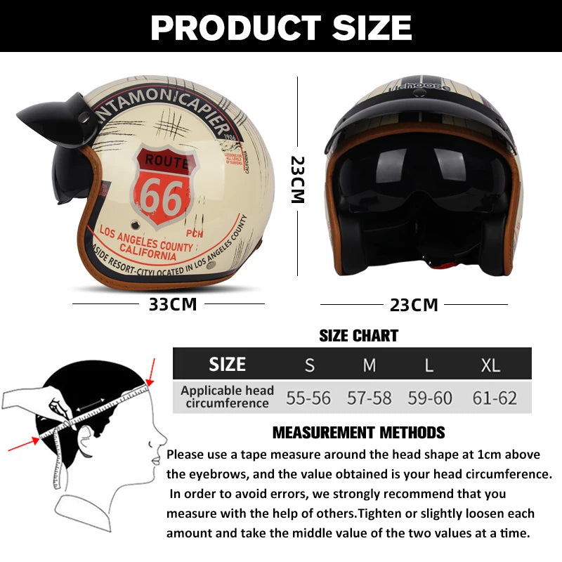 Casco de Motocicleta Retro para Hombre y Mujer, Diseño Clásico de Cara Abierta 3/4