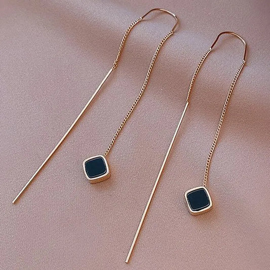 Pendientes Geométricos Largos para Mujeres - Aretes en Forma de Cuadrado con Borlas Doradas, Moda Coreana, Joyería de Fiesta