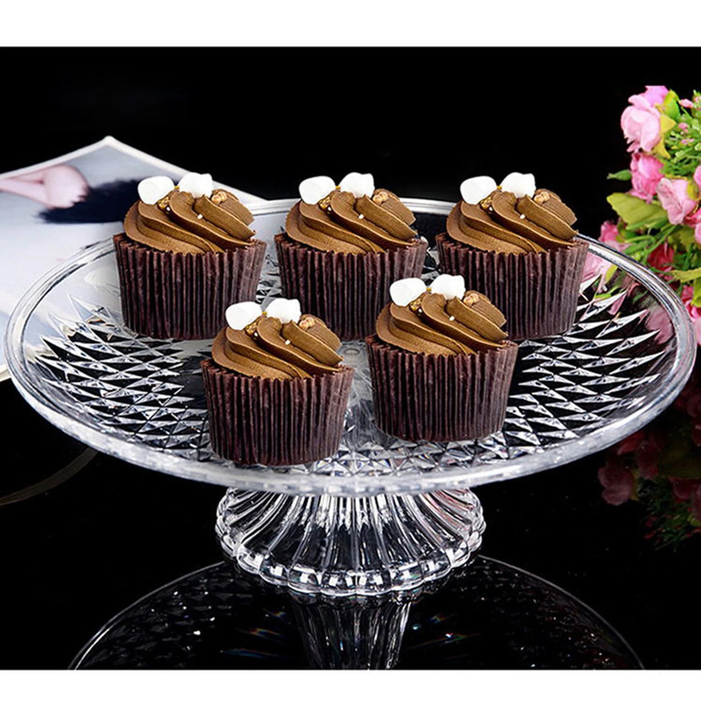 Soporte de Exhibición para Cupcakes y Pasteles – Plato Reutilizable de Acrílico a Prueba de Roturas, Ideal para Postres y Frutas, Transparente/Dorado/Gris