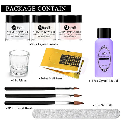 Kit de polvo de cristal para uñas, juego de líquido acrílico con pincel para uñas, rosa y blanco, juego profesional para tallado de extensiones de uñas