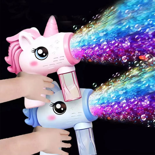 Pistola Eléctrica de Burbujas Unicornio 2024 para Niños - Máquina Automática con Luz, Juguete de Fiesta al Aire Libre