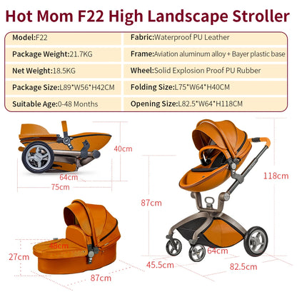 Coche de Paseo 3 en 1 Hot Mom: Cochecito de Bebé, Carrito de Alta Altura para Recién Nacidos, con Accesorios Adicionales, Modelo F22