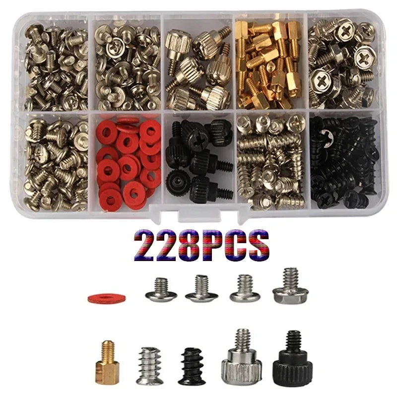 Kit de 228 Piezas de Tornillos para Computadora - Accesorios para Placa Madre, Montajes, Ventiladores y Discos Duros