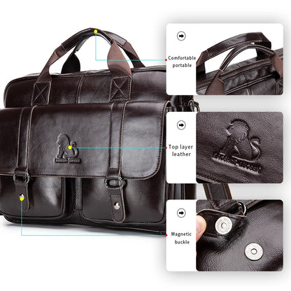 Maletín de Cuero Genuino para Hombre con Doble Bolsillo Frontal – Maletín de Gran Capacidad para Computadora y Bolsa de Mano Cruzada