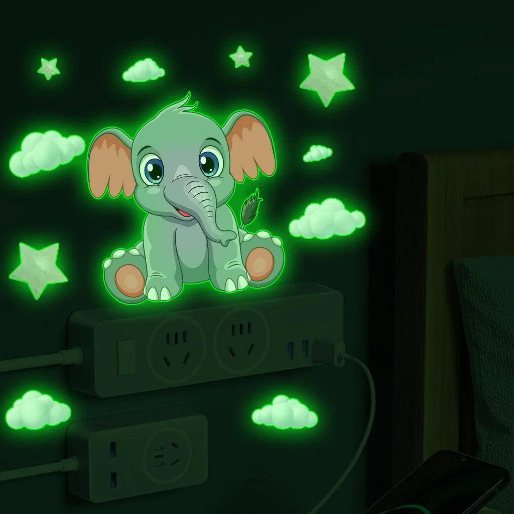 Pegatinas Luminosas de Pared con Forma de Nube y Pequeño Elefante para Decoración de Habitación de Bebés y Niños, Decoración del Hogar, Calcomanía Combinada que Brilla en la Oscuridad