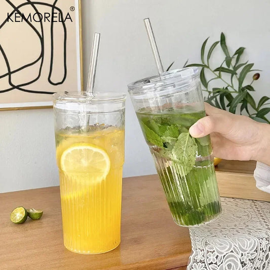 Vaso de Vidrio Acanalado 500/600ml con Tapa y Paja | Vaso para Cócteles, Cerveza, Café Helado, Jugo, Té y Agua