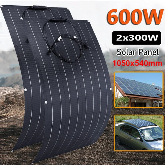 Kit de Panel Solar 600W/300W - Celdas Solares Monocristalinas Flexibles de 18V para Cargar Dispositivos al Aire Libre de Manera Eco-Amigable