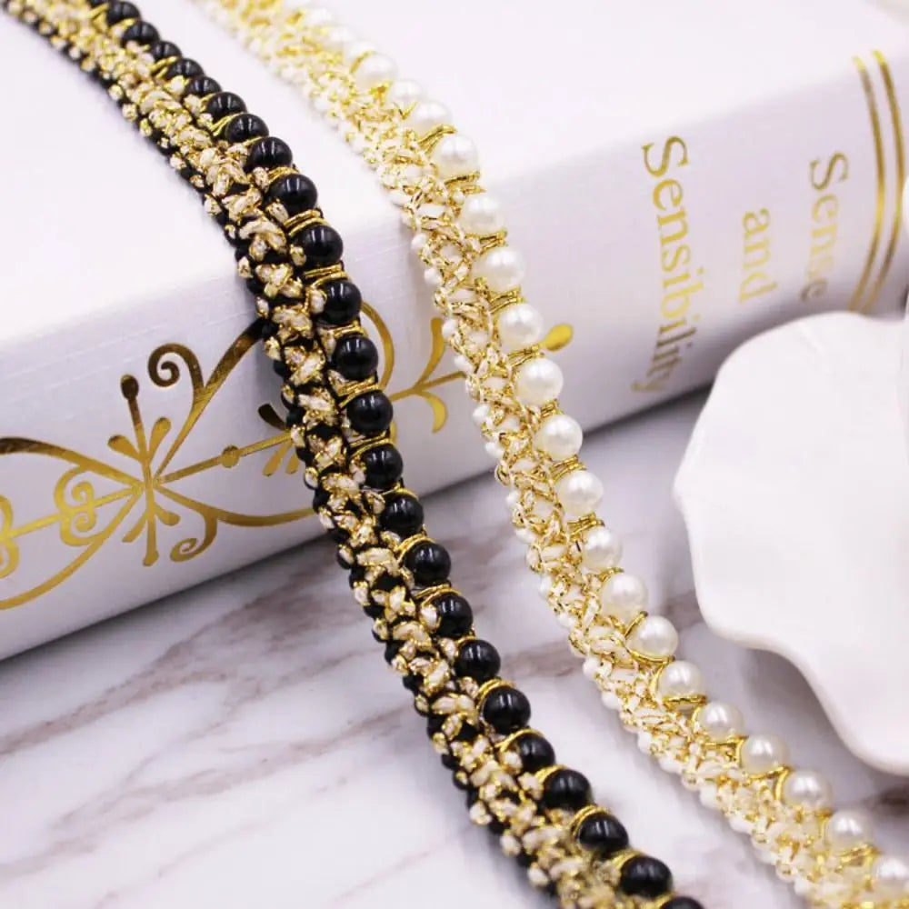 Cinta de Encaje Trenzada con Perlas - 1 Yarda, Decoración de Cuello y Puños, Accesorio de Costura para Ropa