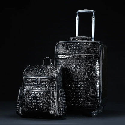 Maletero de Viaje de Cuero Genuino con Patrón de Cocodrilo, Juego de Equipaje con Mochila y Bolso de Mano, Maleta de Trolley para Hombres