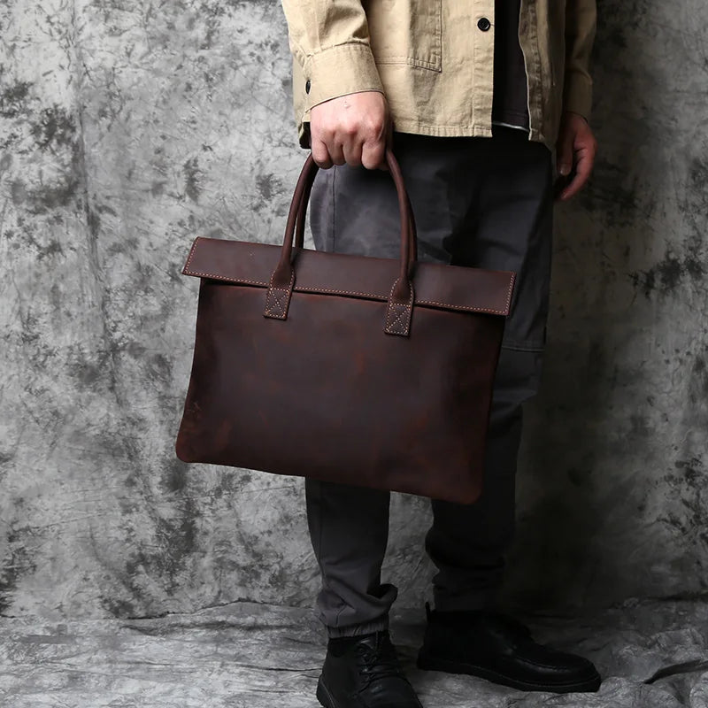 NZPJ Retro Men's Briefcase - Maletín de Cuero Crazy Horse para Laptop de 15 a 16 Pulgadas, Bolso Casual y de Negocios