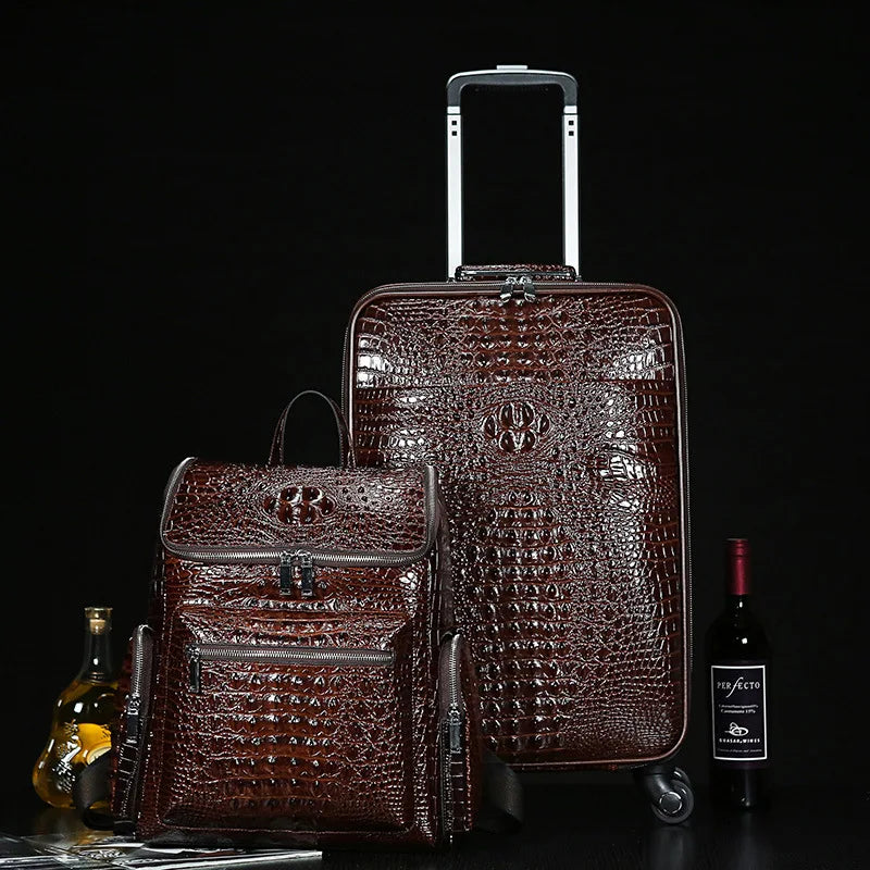 Maletero de Viaje de Cuero Genuino con Patrón de Cocodrilo, Juego de Equipaje con Mochila y Bolso de Mano, Maleta de Trolley para Hombres