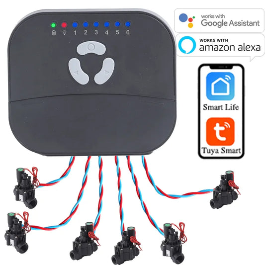 Temporizador de Riego para Jardín con Conexión WIFI de 6 Zonas, Controlador de Riego de Válvula de Agua para Sistema de Riego Inteligente Tuya Smart Home
