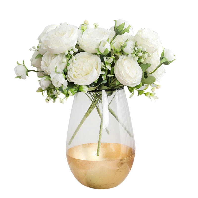 Ramo de Peonías Artificiales de Seda 30cm - Decoración para Boda, Hogar y Eventos - Flores Realistas con 5 Rosas Grandes y 4 Capullos Pequeños