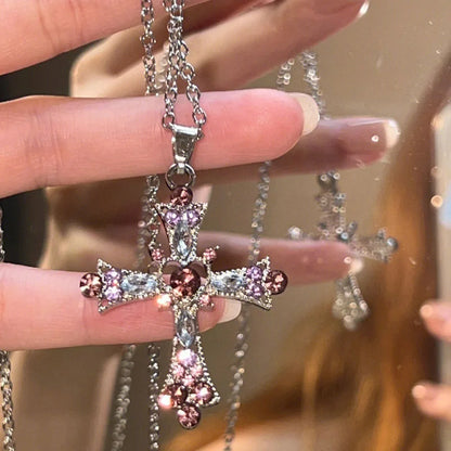 Collar Gótico de Cruz Rosa con Zirconia Púrpura - Necklace Y2K Punk de Corazón para Mujeres | Accesorios de Joyería Grunge