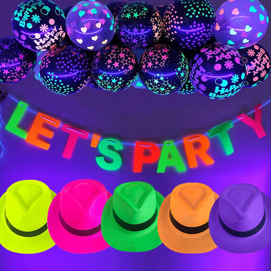 Fluorescent Neon Party Decoration 12inch Latex Balloon Banner Plastic Formal Hat Glow in The UV Light Party Decorations Supplies