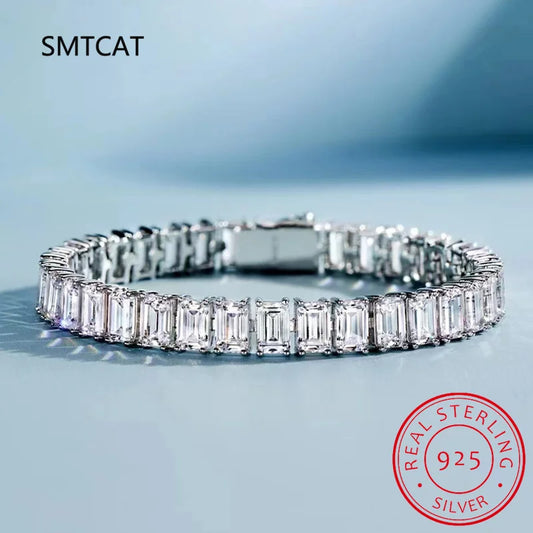 Pulsera de Plata de Ley 925 para Mujer con Corte de Esmeralda y Diamante de Alto Carbono, Joyería Fina para Compromiso y Bodas, 4x6mm
