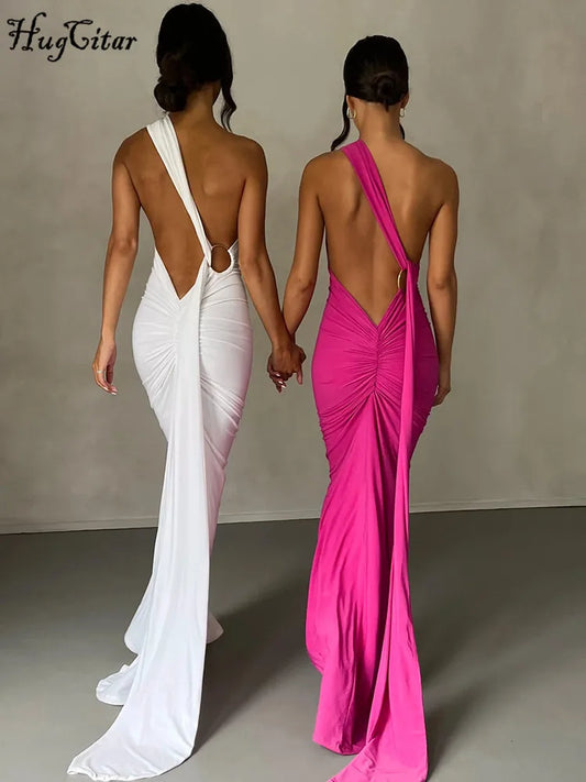 Vestido Maxi de Un Hombro y Espalda Descubierta – Ajustable con Bufanda y Detalle Ruchado – Elegante y Sexy, Moda