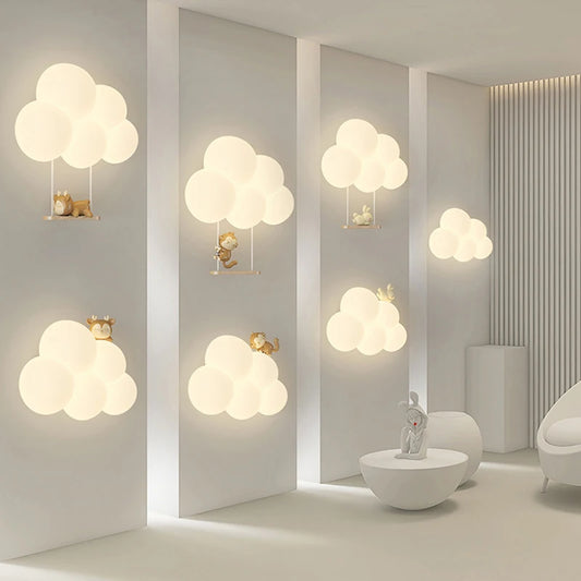 Lámpara de Pared de Animales de Dibujos Animados de Mono, Candelabro de Nube Blanca, Luz Nocturna para Guardería y Dormitorio Infantil