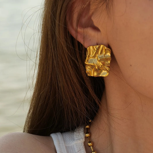 Uworld-Pendientes de Tuerca Grandes para Mujer, Acero Inoxidable Resistente al Agua, Joyería Cuadrada con Textura, Chapada en Oro de 18 Quilates, Regalos de Fiesta