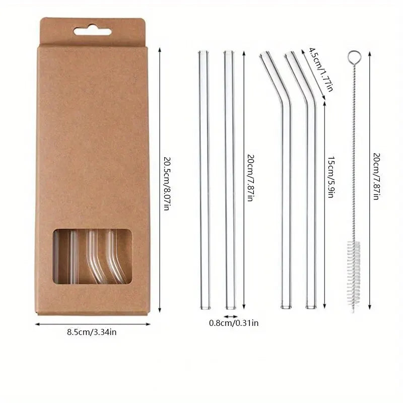 Juego de Pajitas de Vidrio Resistentes al Calor - 5 Pajitas Reutilizables con Cepillo de Limpieza, Perfectas para Batidos, Té y Jugo