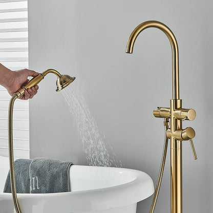 Grifo de Ducha de Piso en Oro Cepillado para Bañera | Mezclador de Agua Fría y Caliente con Manija Única