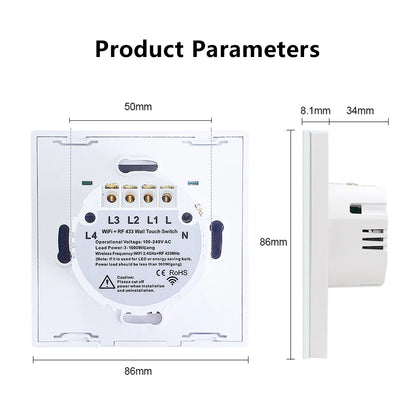 Interruptor de Luz Inteligente Táctil Wifi Tuya US/EU, Interruptores de Luz LED Inalámbricos con Control Remoto, No Requiere Cable Neutro, 1-4 Gang, Compatible con Alexa y Google Home