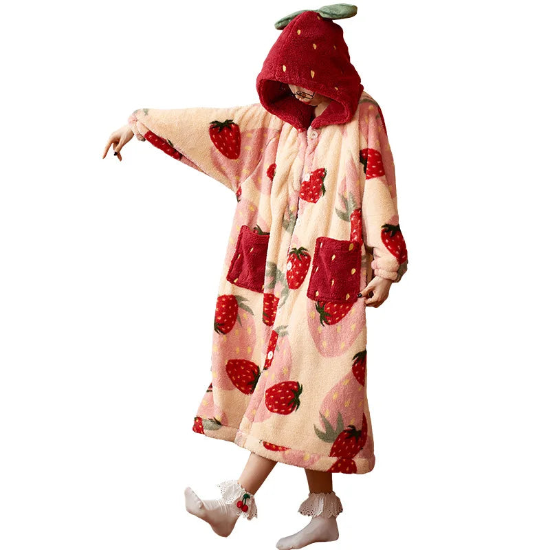 Pijama de franela con capucha para mujer, Chaqueta larga con dibujos animados, para el hogar ropa bonita, albornoz cálido y cómodo de invierno